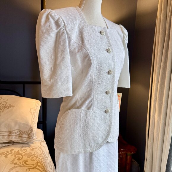 Vintage 80s White Fitted Skirt Suit 100% Cotton - Picture 3 of 16